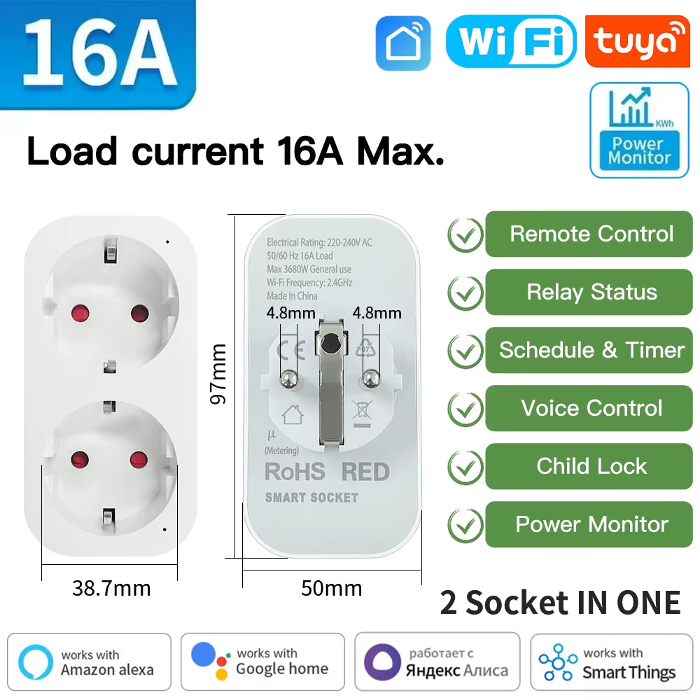 TUYA Smart Plug Wifi/Zigbee Socket EU 16A/20A with Power Monitor Timing Function Voice Control Works with Alexa Googlehome