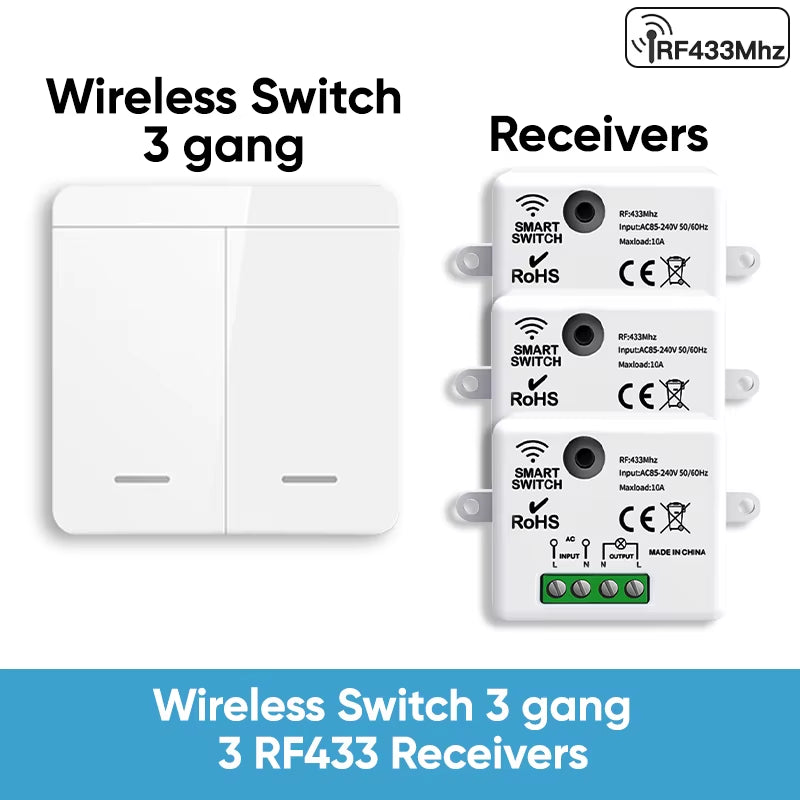 RF433 Relay Receiver,Wireless Light Switch 433Mhz Mini Remote Control,1/2/3Gang Wall Transmitter Switch, Led Lamp Fan Smart
