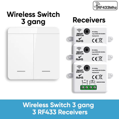RF433 Relay Receiver,Wireless Light Switch 433Mhz Mini Remote Control,1/2/3Gang Wall Transmitter Switch, Led Lamp Fan Smart
